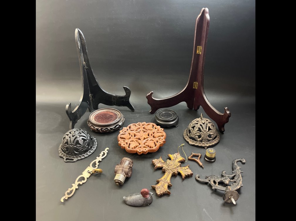 Wood and metal decor, easels, cross, trivet, cast iron string holder, stands