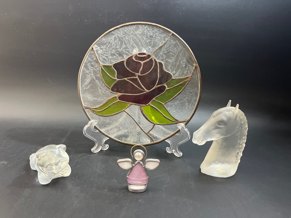 9.5” Stained Glass Window Hanger,  Angel figure Glass Horse and Bear