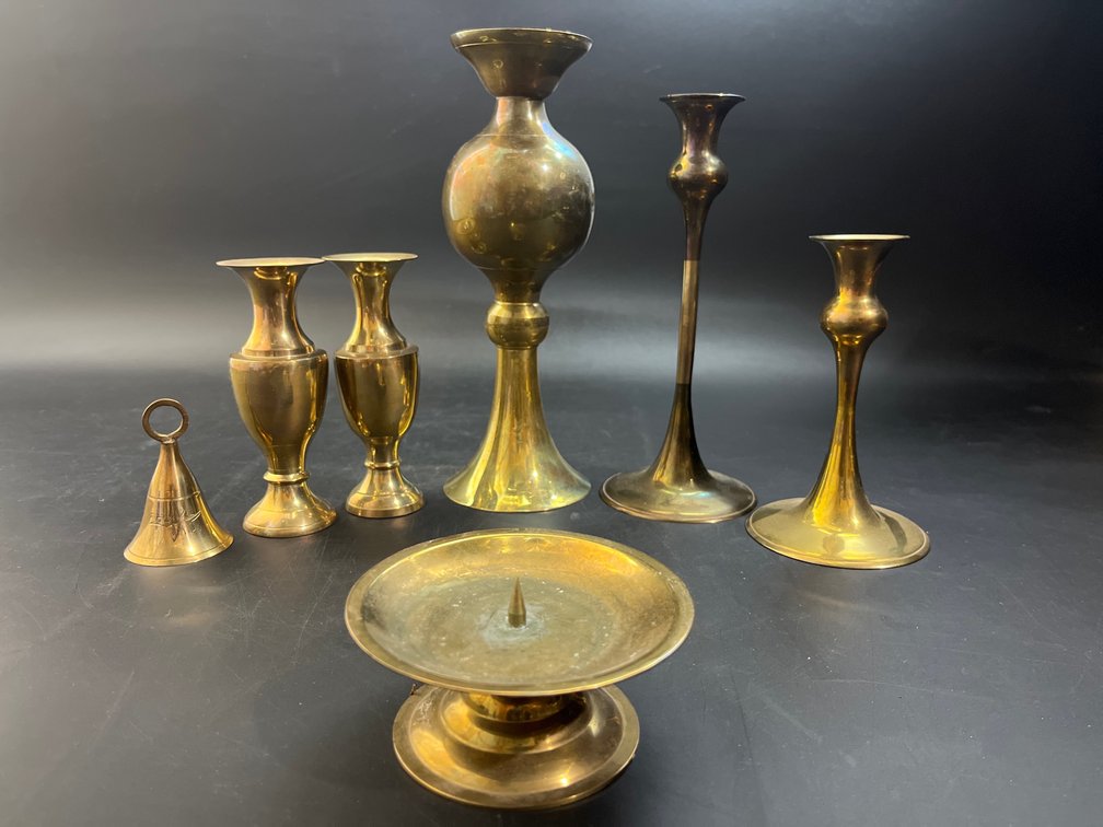 Brass decor candle stick holders 5.5” to 10” candle holder, & small bell