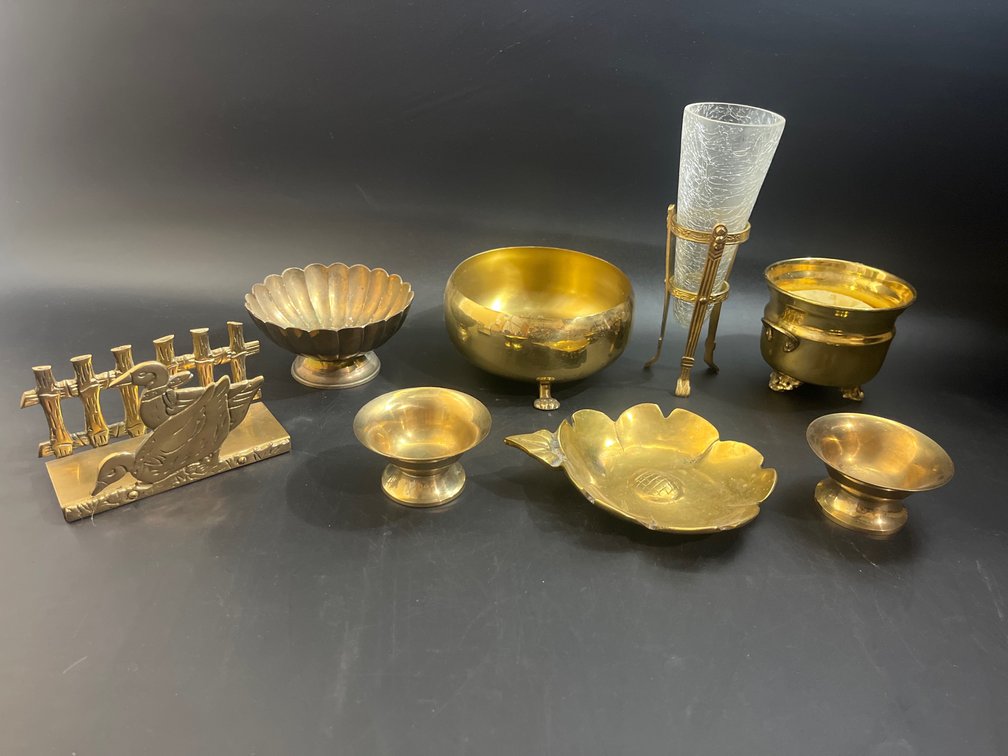 Brass and Tin Decor, vase, candleholders, trinket dishes, etc