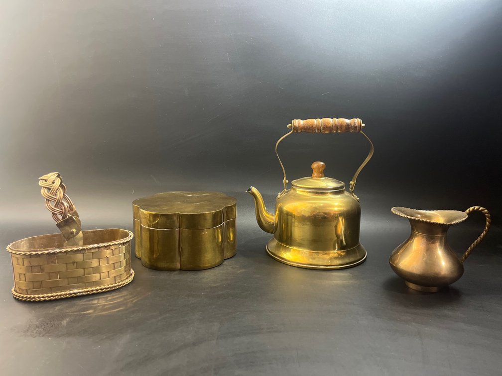 Vintage Tin Kettle, vintage brass pitcher, woven brass basket, & brass flower container