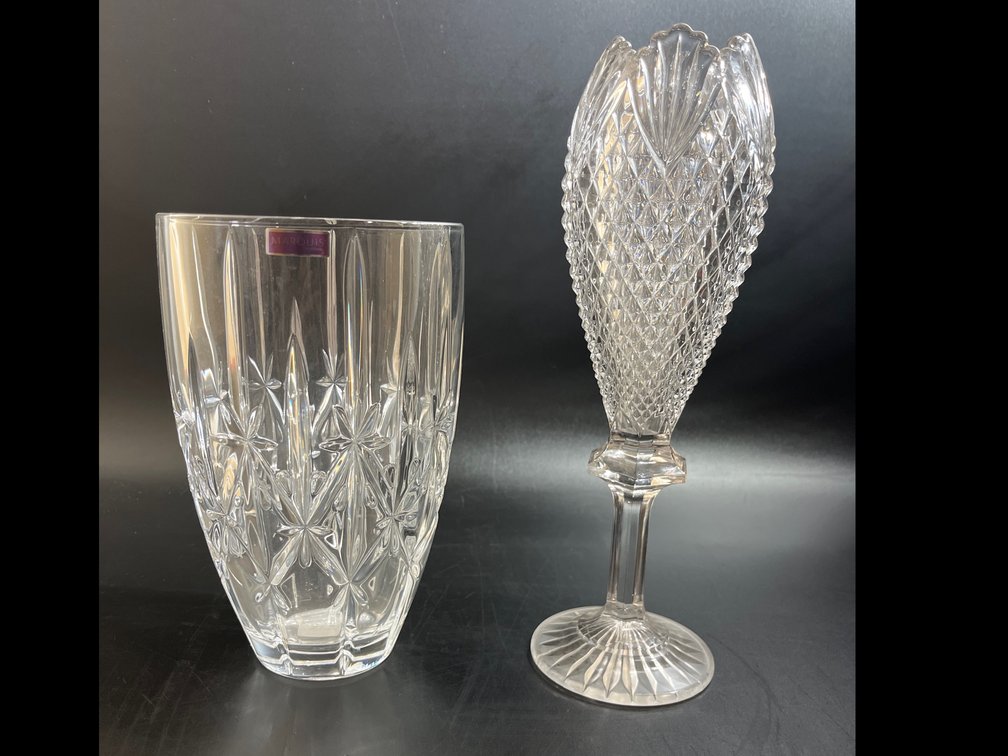 Marquis by Waterford crystal vase 9”, fostoria vase 12”