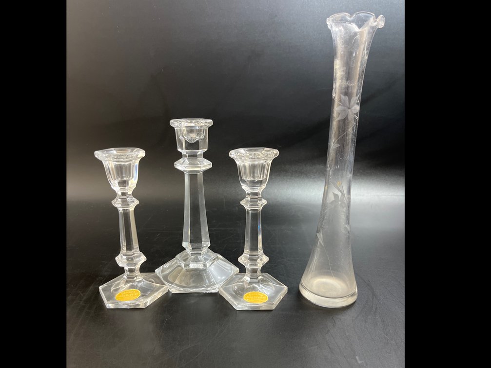 Lead crystal candle holders 6” & 7”, & etched glass vase 10”