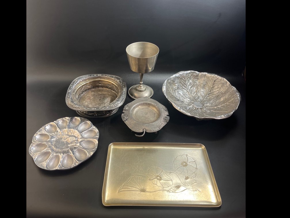 Silver plate footed dishes, & metal goblet, egg tray, and bowl