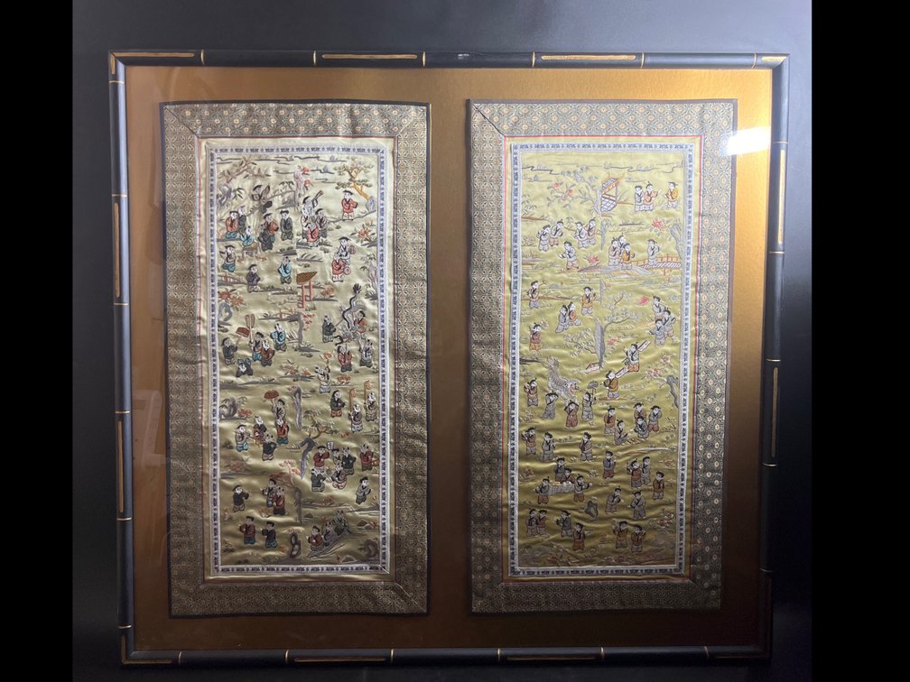 Forbidden Stitch Vintage hand embroidered silk framed 33”x30”