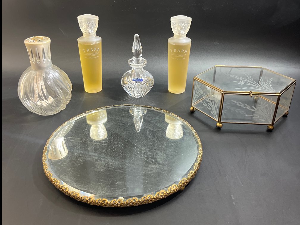 Vanity, Marquis crystal perfume bottle, mirrored tray, fragrance diffuser, Trapp home