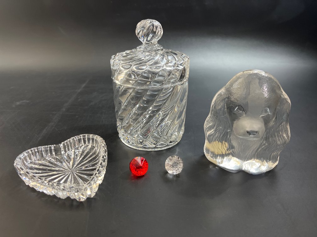 Bacarat crystal Jar, Mats Johnson signed crystal dog sculpture, waterford crystal trinket dish