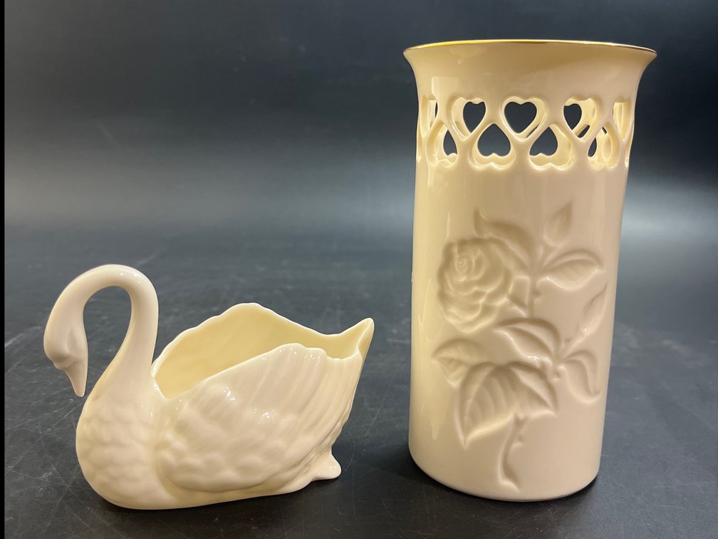 Lenox heart vase, with Lenox Swan dish
