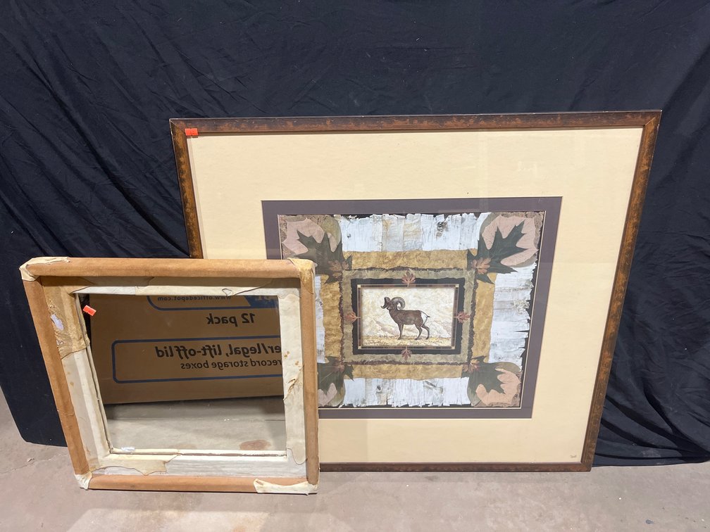 Framed artwork and mirror 34”x32”, 22”x22”