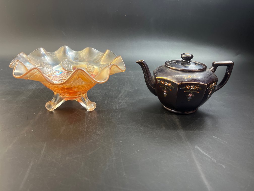Vintage Occupied Japan teapot, vintage Fenton Carnival Glass Bowl