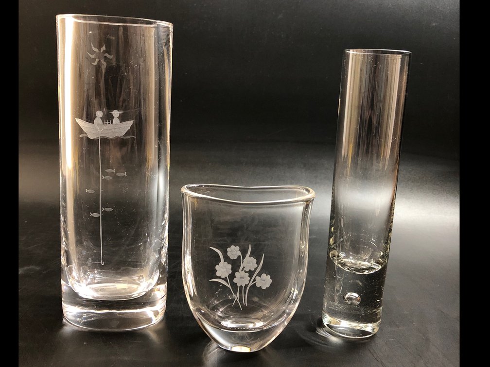 Orrefors Crystal Vase, crystal etched vase, Krosno Glass vase
