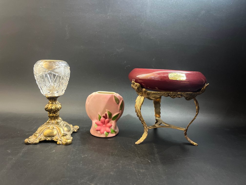 Crystal & Brass L&L candle holder, brass candle holder, haeger floral bowl, & Opco Zano 4” vase 