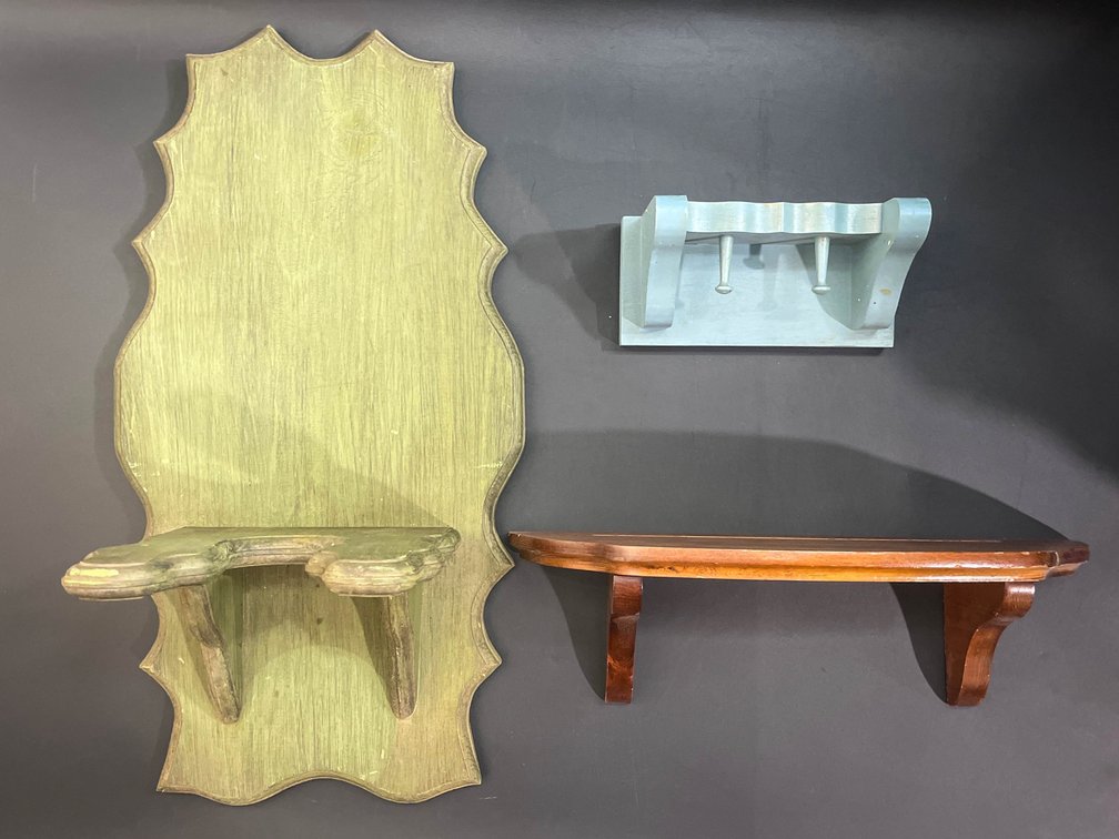 Wooden oil lamp shelf 21”x11”, and wooden hanging shelves, 15”x5”, & 7.5”x5”