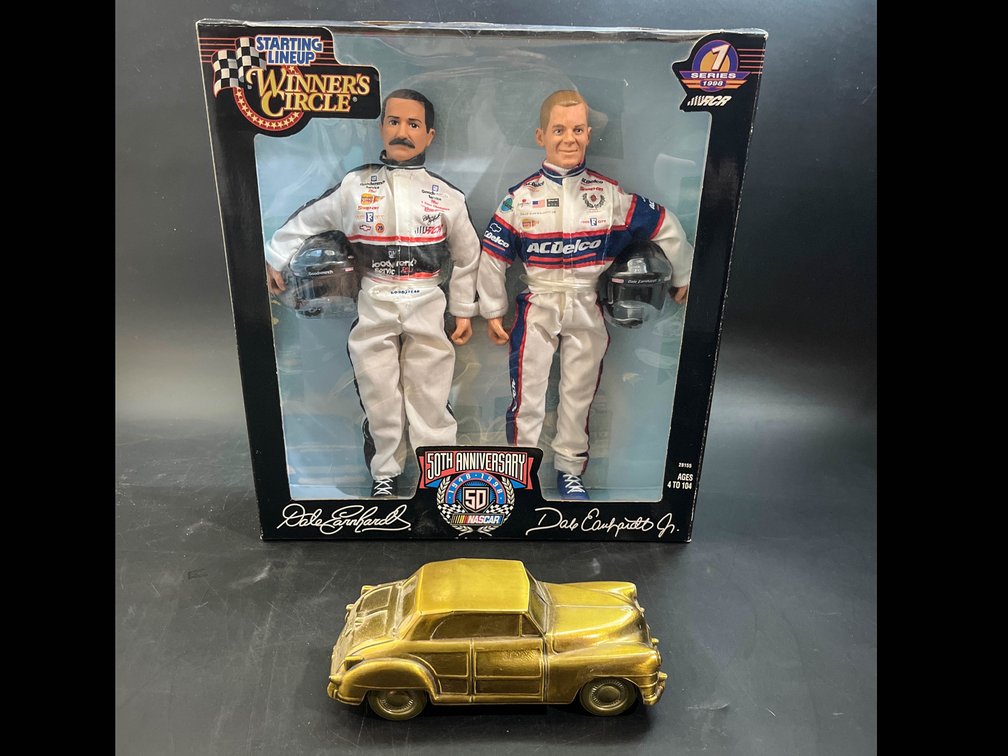 Nascar 50th Anniversary Dale Earnhard & Jr figures & 1974 Banthrico car bank 