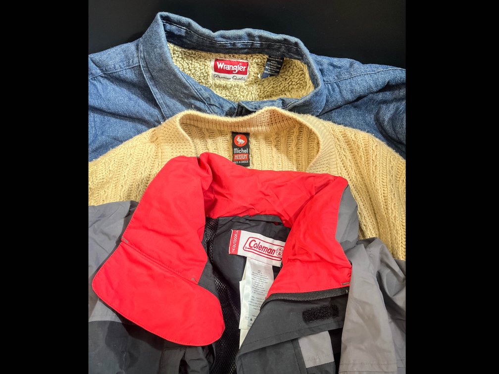 Medium coleman jacket, medium michel cardigan, & large wrangler jacket 