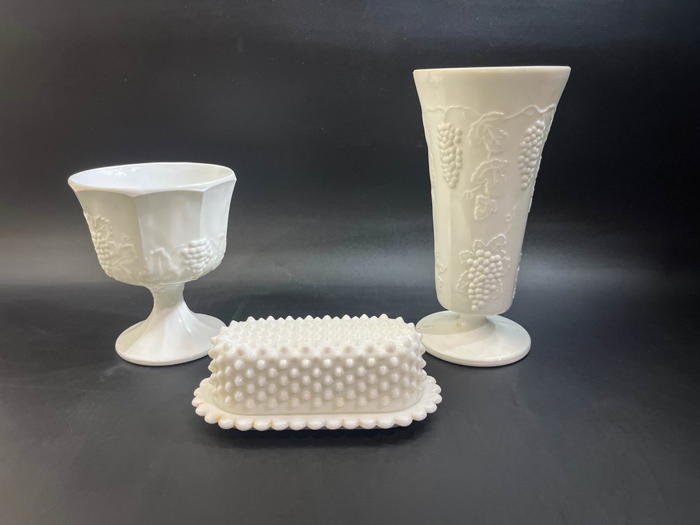 Colony milk glass compote bowl, vase, & butter dish