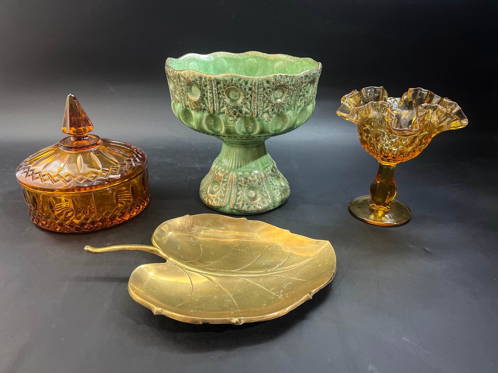 Vintage indiana glass candy dish, vintage fenton amberglass compte bowl, brass leaf trinket dish, MCM ceramic compote bowl