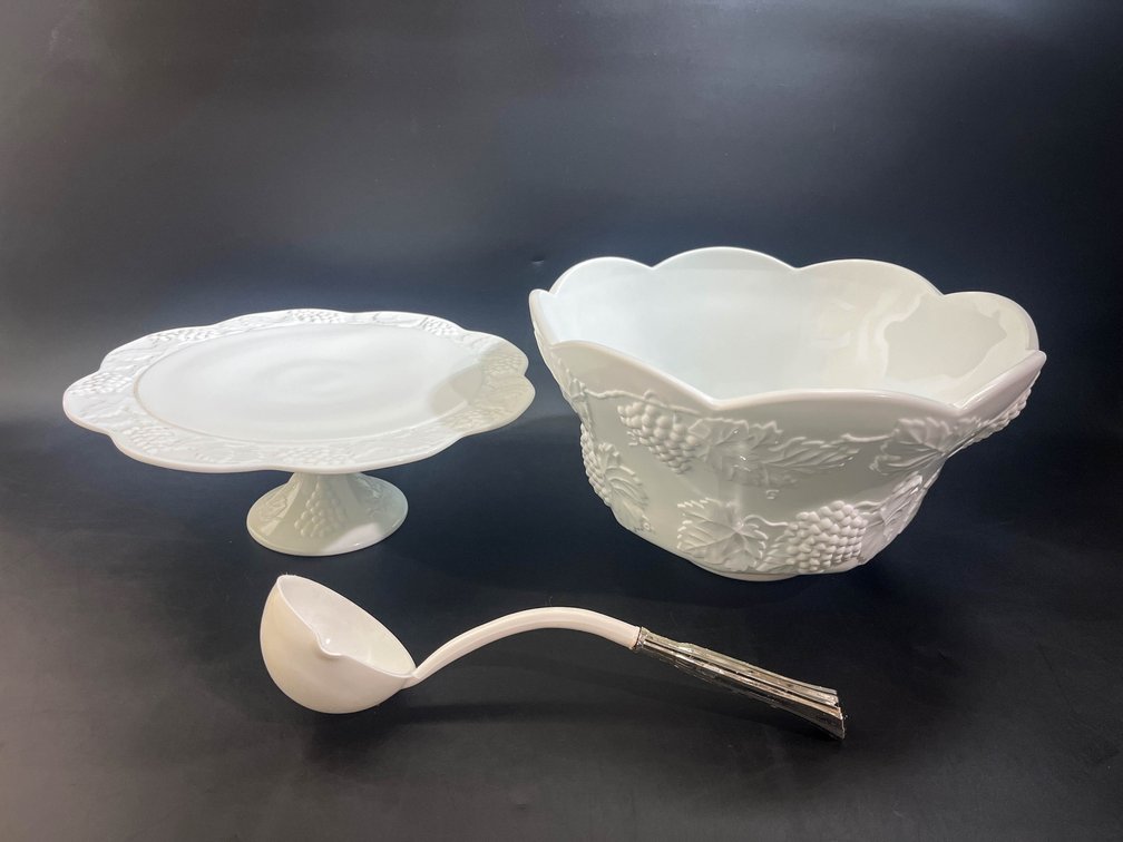 Colony milk glass harvest grape punch bowl, cake stand 