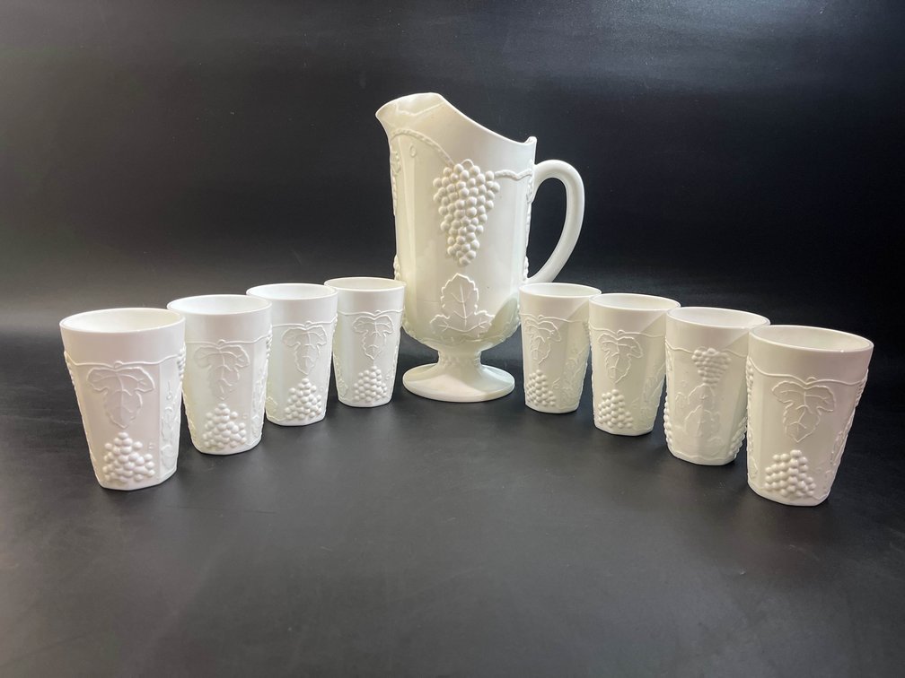 Colony milk glass harvest grape pitcher and cups