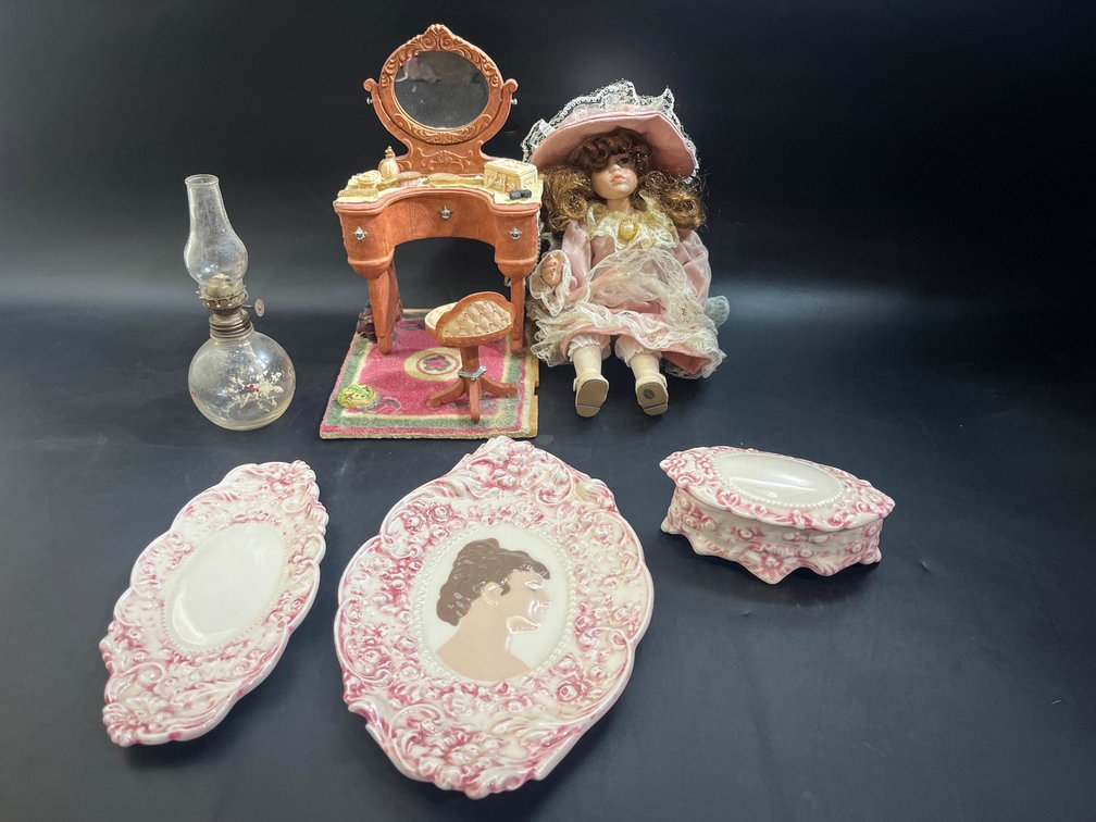 Vintage girls vanity, Miniature Oil Lamp, porcelain doll, dollhouse vanity display, And