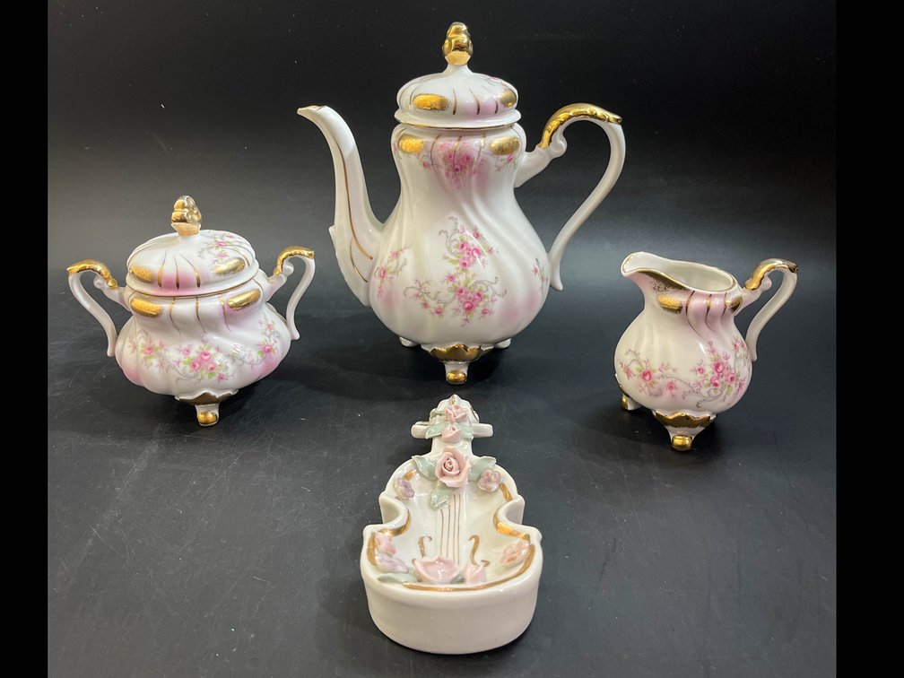 Vintage Lefton China tea pot, creamer, & Sugar bowl, lefton porcelain violin trinket dish 