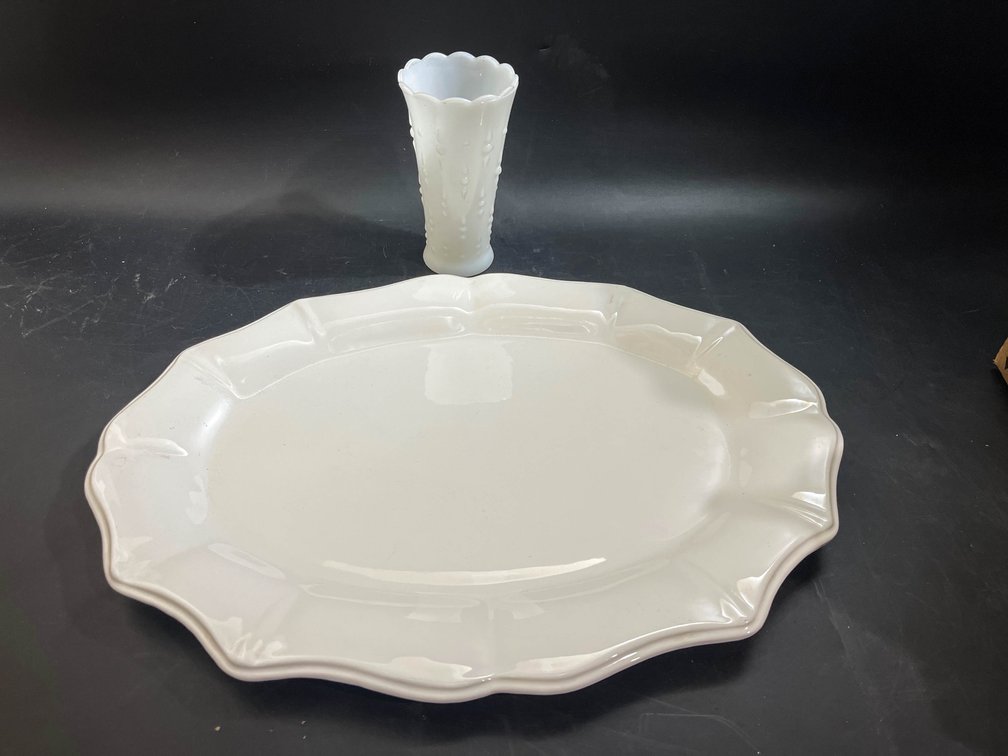 Vintage Anchor Hocking milk glass teardrop and pearls flared vase 60’s , and White 