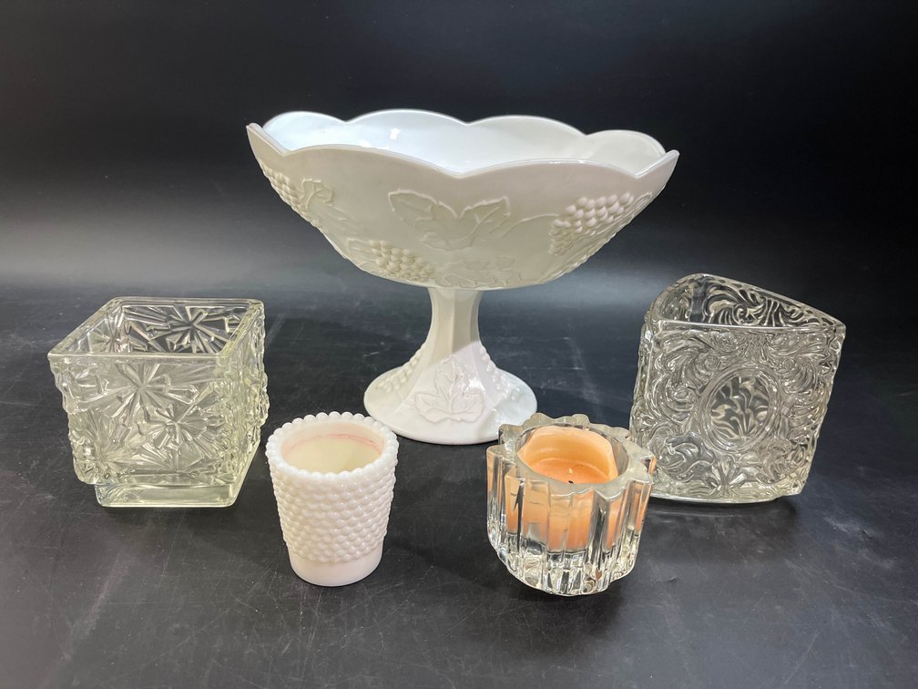 Milk glass harvest grape pedestal bowl, avon candle holders 