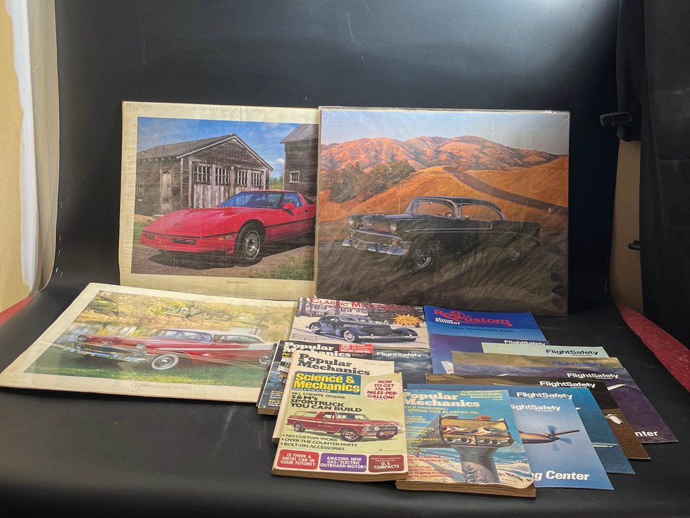 Three car posters, classic motorbooks, 1996 catalog, rod and custom 25th anniversary 