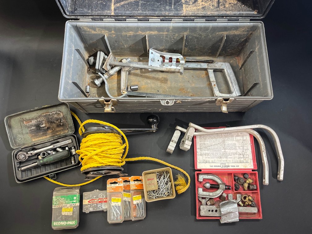 Tool box nails, screws, screw driver, saw etc