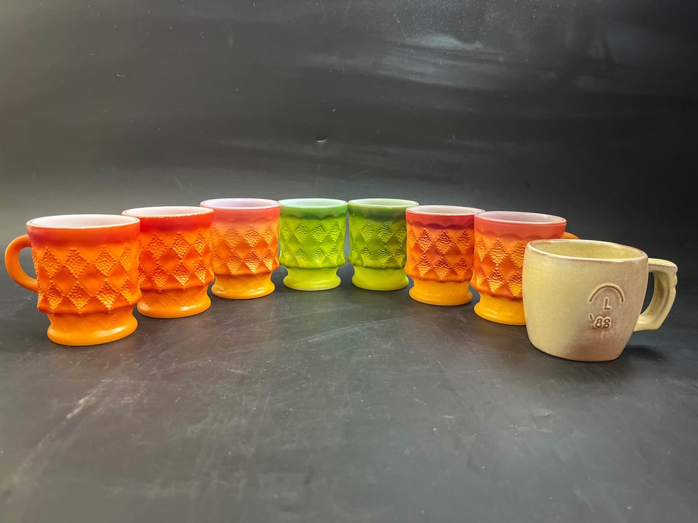 7 Anchor Hocking FireKing mugs and Frankoma mug 