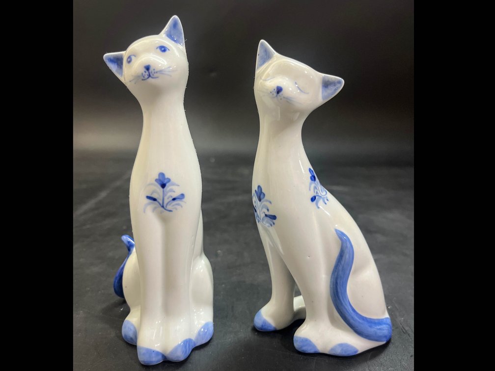 Andrea by Sadek Blue & White Porcelain Cat Figurines