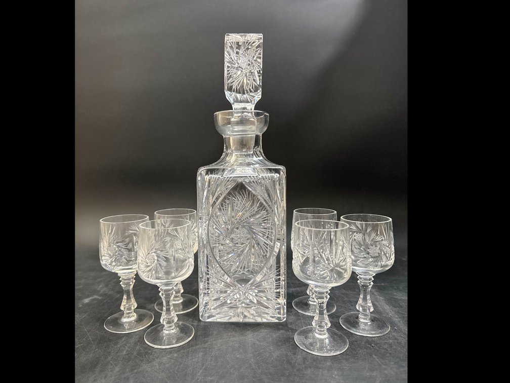 Bohemian Crystal Decanter, Liquor and 4 Whiskey Glasses  
