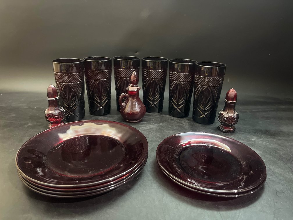 6 Cristal D'Arques Durand Luminarc Ruby Red Glasses, Avon Ruby red cruet, Avon Cape