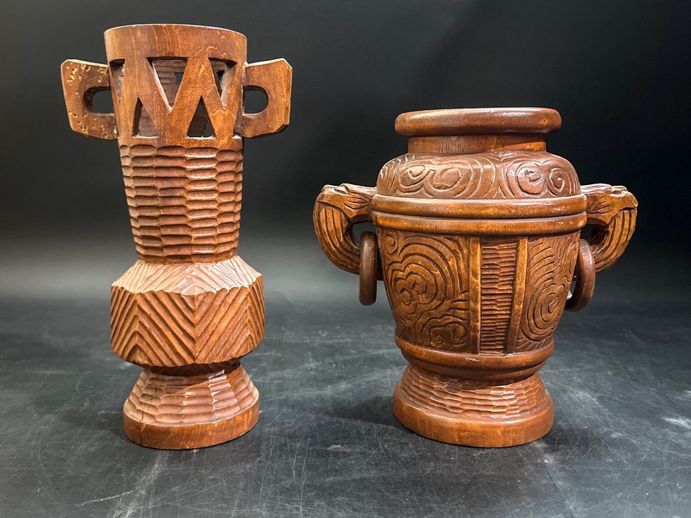 2 Vintage Carved Wood Vessels 