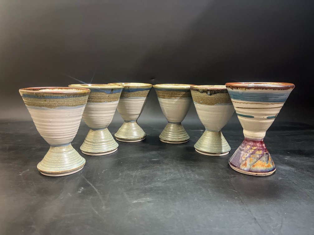 6 blue stoneware goblets 