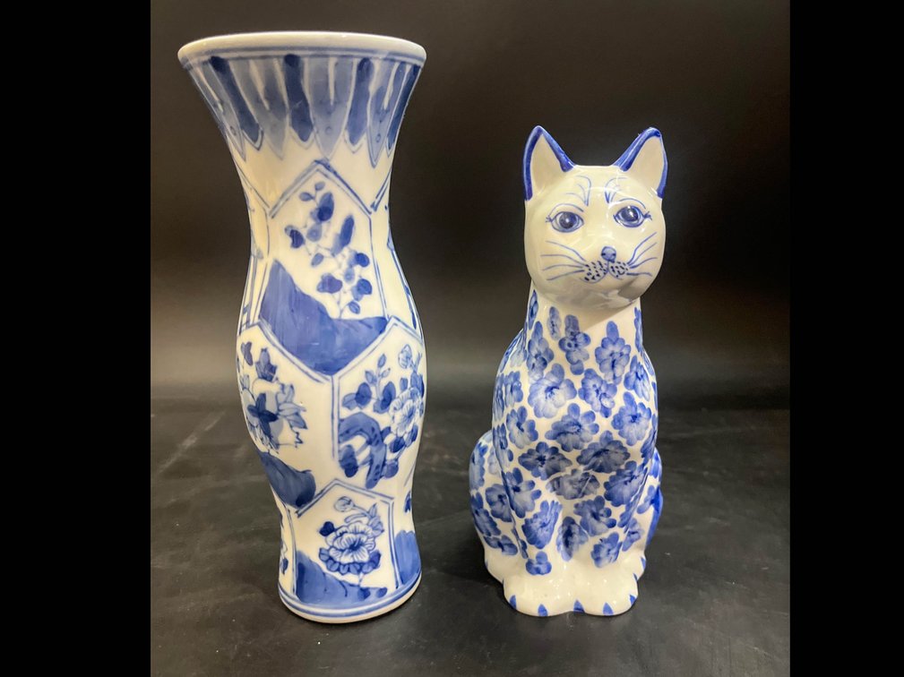 The Canton Collection 9” porcelain candle holder, and Vintage porcelain cat figurine 