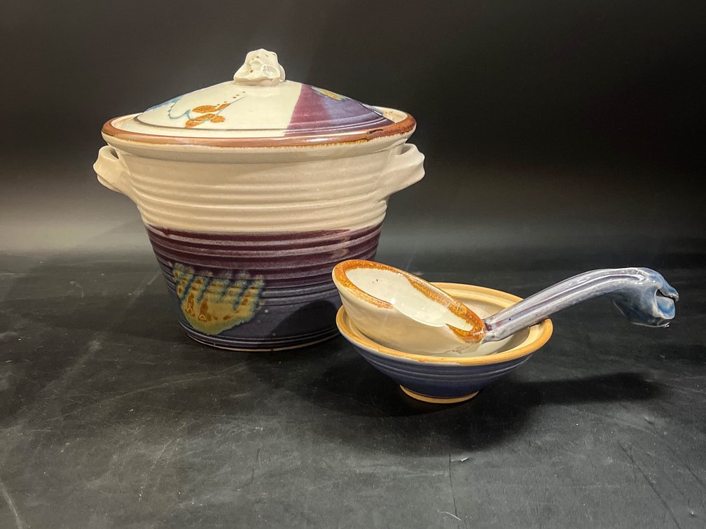 Blue stoneware soup tureen and ladle