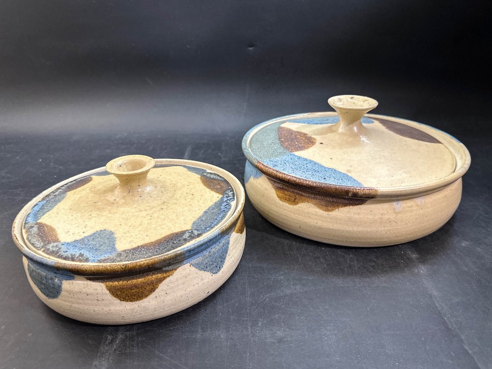 Stoneware Casserole Dishes w/Lid artist signed vintage