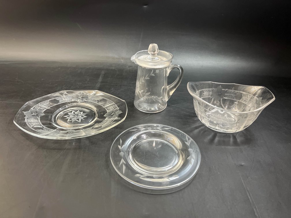 Antique syrup pitcher, etched glass plates and bowl