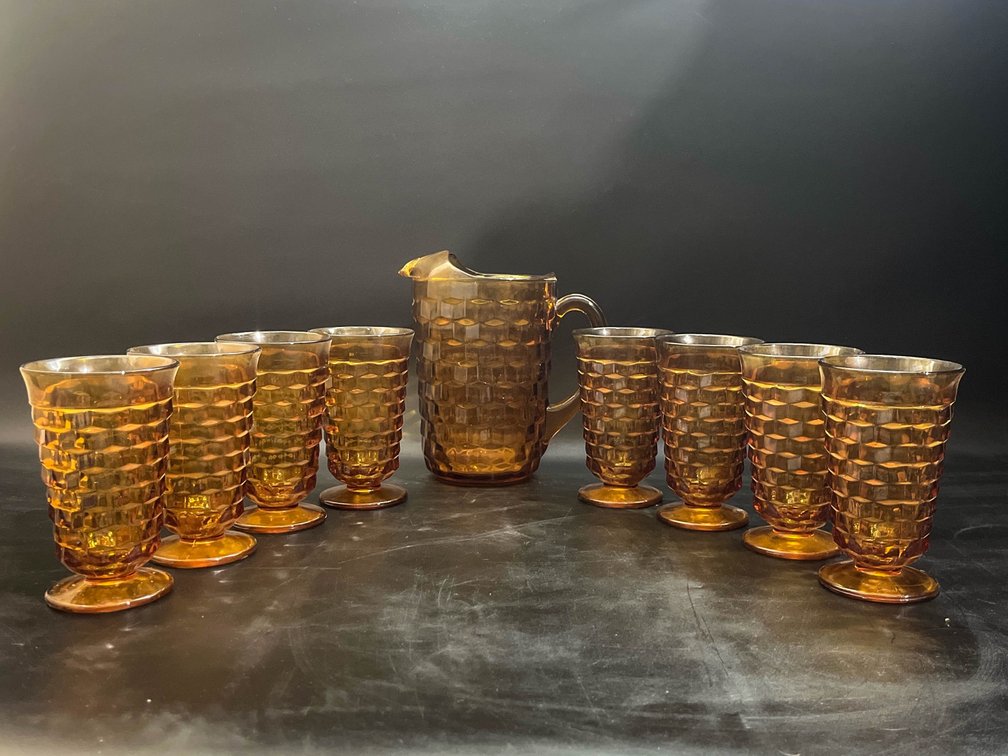 Vintage Indiana Glass Pitcher with 8 Goblets 