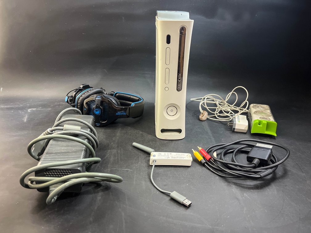 Xbox 360 with Adapter, Sades headset, and Intercooler accessory 
