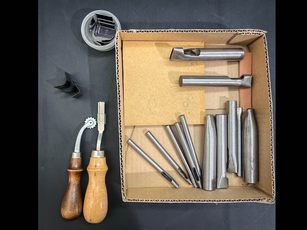 Leathercrafting tools, edge beveler, overstitch wheel, hole punches, etc