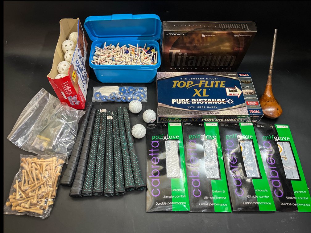 Golf supplies, tees, club grips, gloves, balls, etc