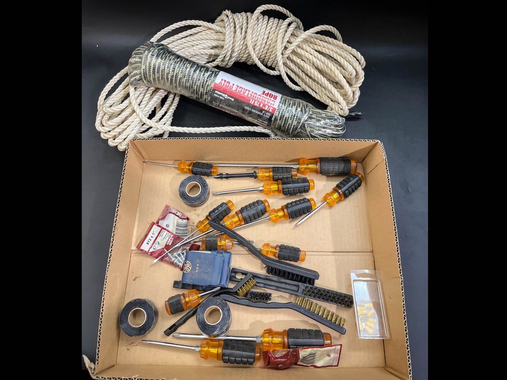 Screwdrivers, wire brushes, poly rope, rope, etc 