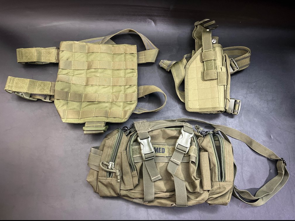 Med Rapid Response Bag, Tactical MOLLE Drop Leg Platform, and tactical gun holster