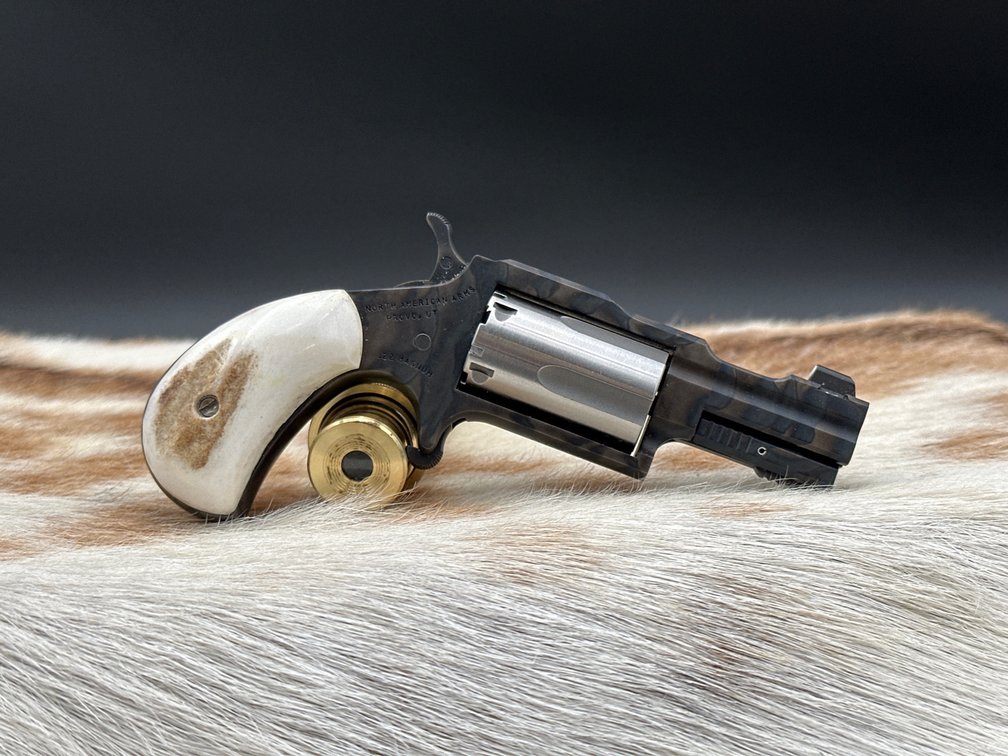 North American Arms 22 Mag, totally custom, color cased hardened by Bobby Tyler, custom stag grips, night sights