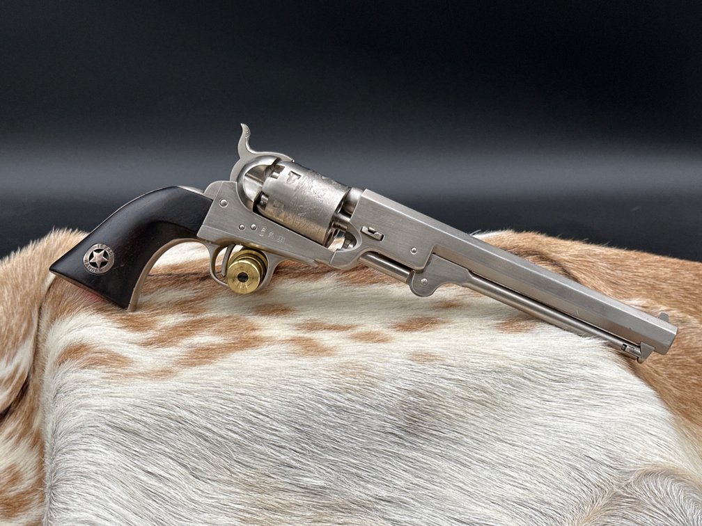 Uberti Western Arms Corp black powder revolver 36 caliber in the white, leather holster, Santa Fe, NM, engraved cylinder
