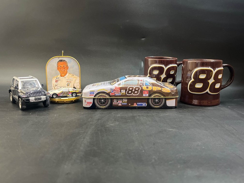 Hallmark Keepsake Ornament Dale Jarrett Nascar UPS 2001, chocolate car tin, and mugs