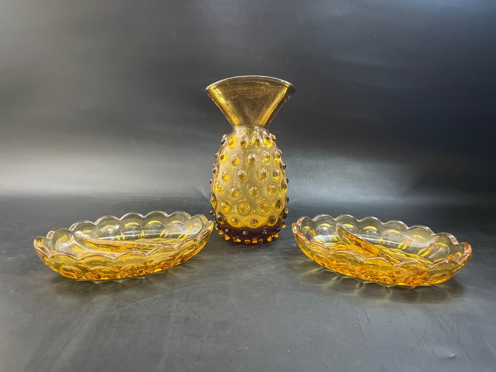 vintage Pilgrim Glass Co. Amber Hobnail Art Glass Vase, and two Anchor Hocking