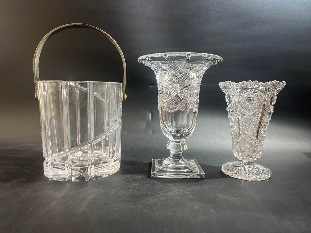 Mikasa crystal ice bucket, crystal glass vase, vintage pressed flower vase